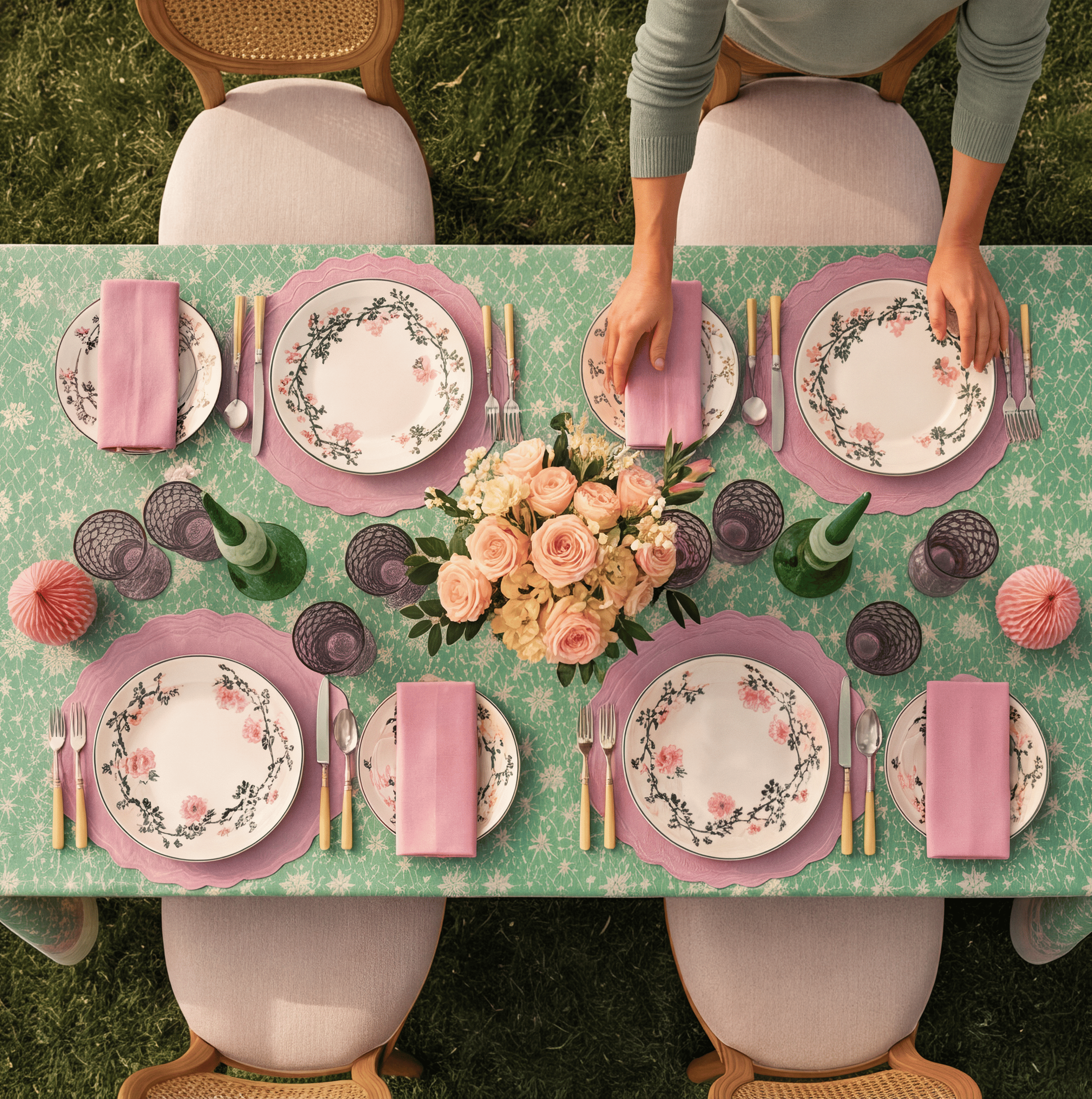 Mitja, the founder, arranging a floral centerpiece on a long table set for ten, viewed from above.