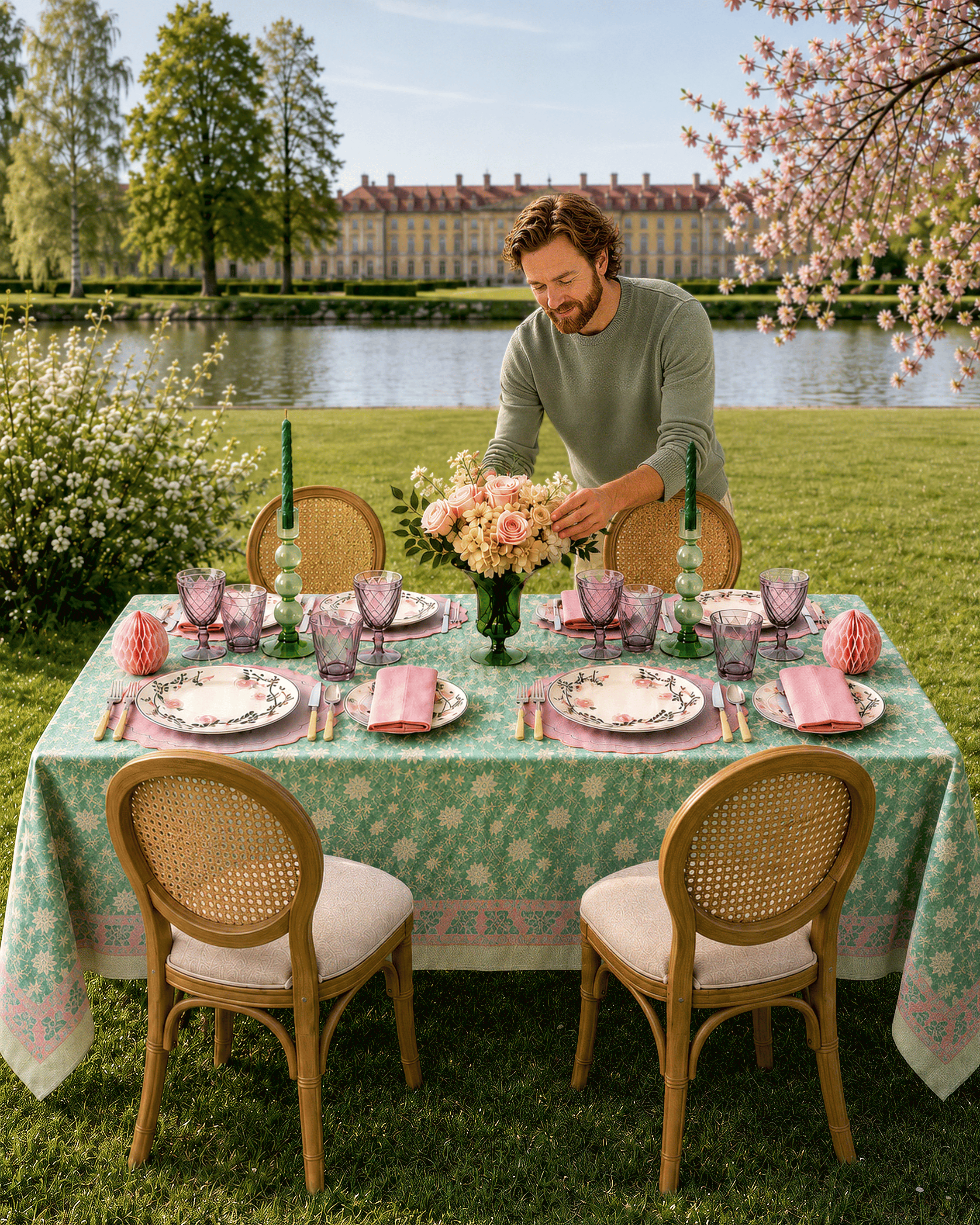Mitja arranging a bouquet of peach roses at a lakeside table set with a floral tablecloth, patterned china, purple glassware, and green taper candles.