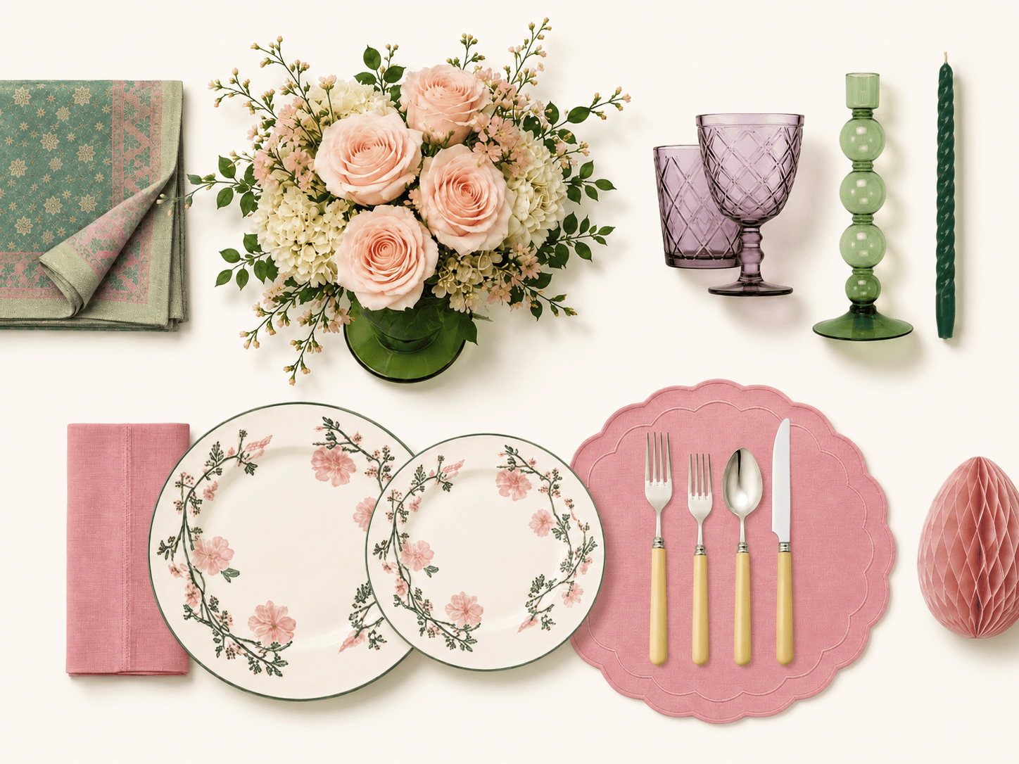 Flat lay of The Grand Occasion set: a jacquard napkin, a peach rose and hydrangea centerpiece, purple cut-glass goblets, a green bubble candlestick, a floral dinner plate stack, a pink napkin and placemat with gold-handled cutlery, and a red honeycomb decoration.