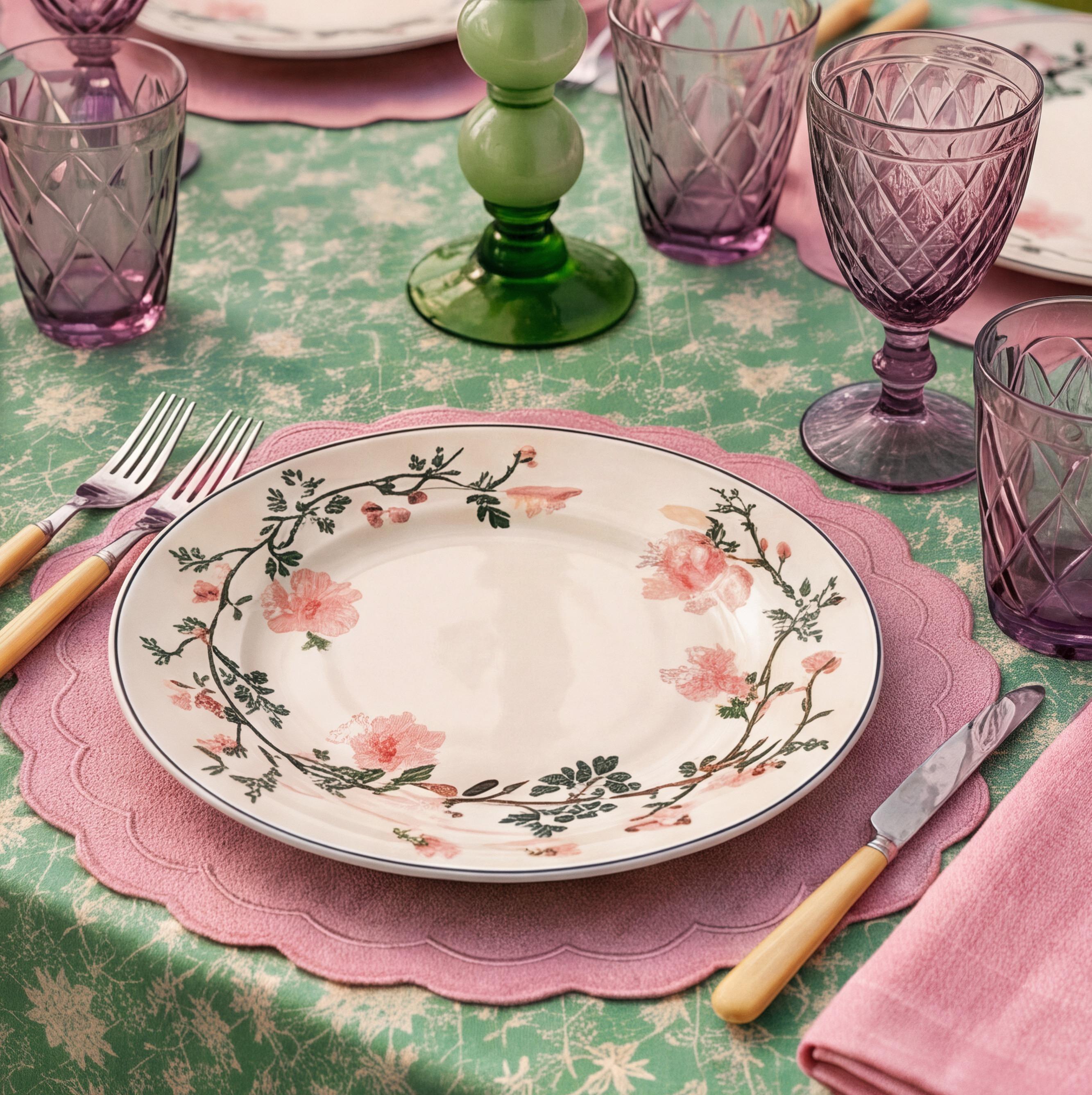 Detail of a floral dinner plate on a pink placemat, with a green glass candlestick in the background.