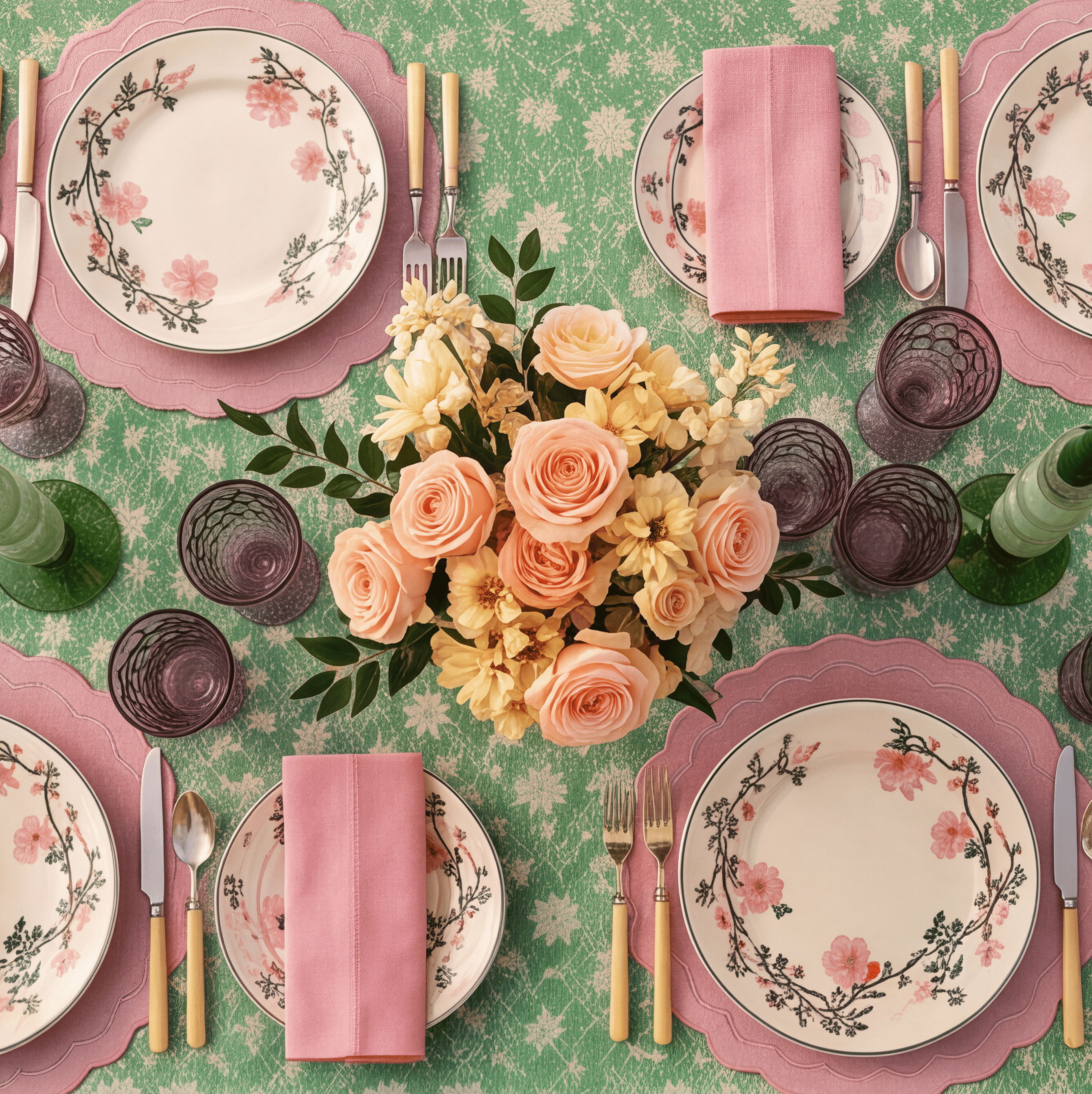 Overhead view of a table set for four, with a peach rose centerpiece surrounded by floral plates and purple glassware.