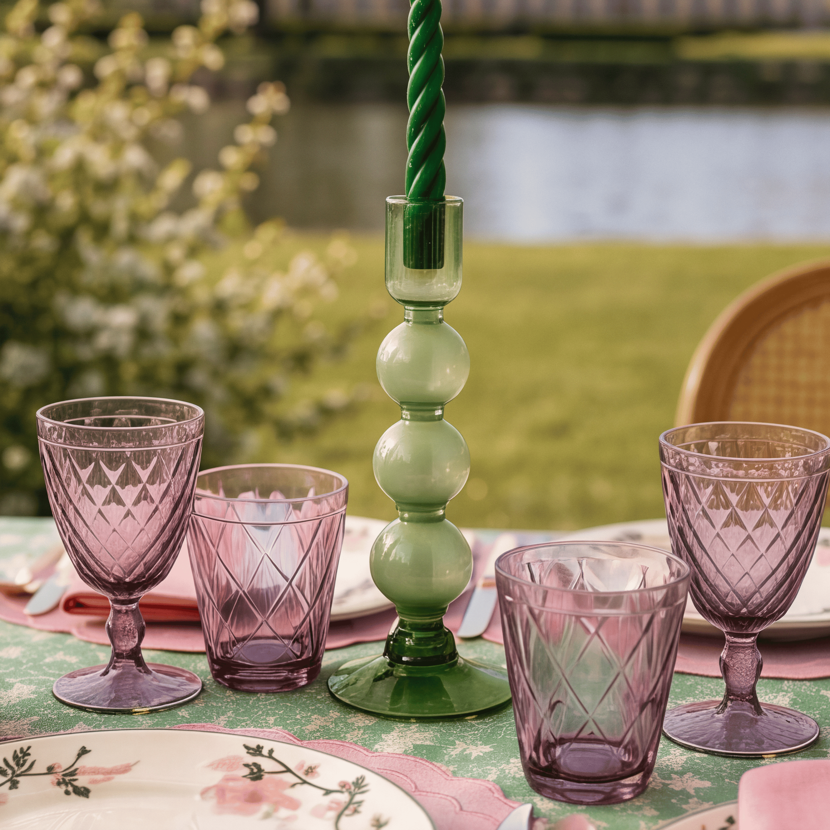 Close-up of purple cut-glass tumblers and a green bubble candlestick, with the lake and garden beyond.