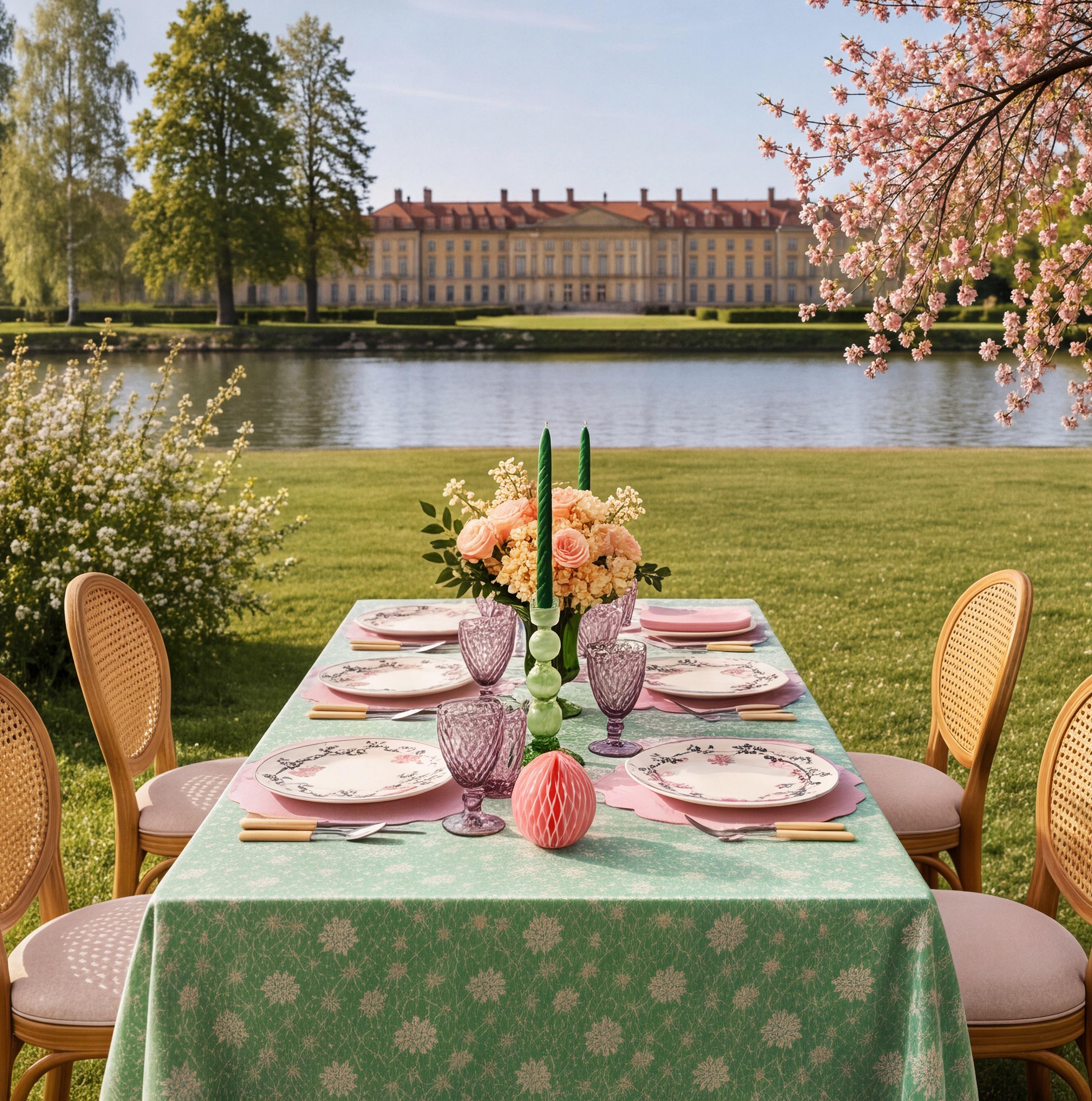 A table set for a lakeside dinner in front of a grand estate, framed by blossoming cherry branches.